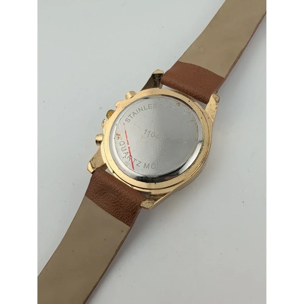 Women's Gold Watch 34mm Case Crystal Bezel Brown Faux Leather Band- New Battery